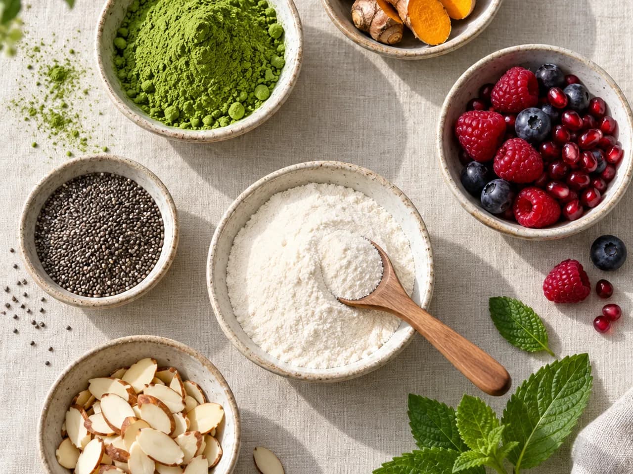 Clean natural ingredients arranged as a flat lay: matcha, turmeric, berries and collagen powder