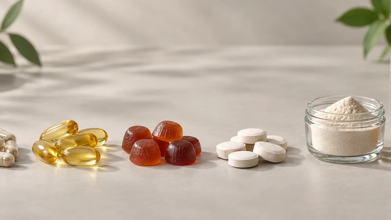 The seven dosage formats we produce in-house, lined up