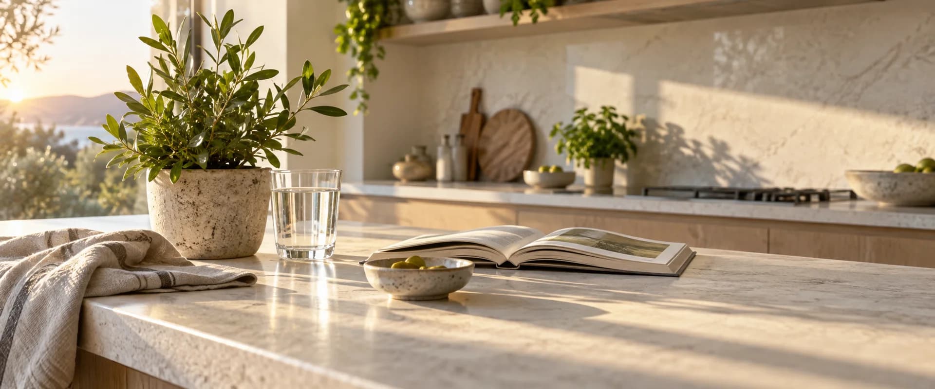 A bright kitchen counter at sunrise with a plant, a glass of water and linen