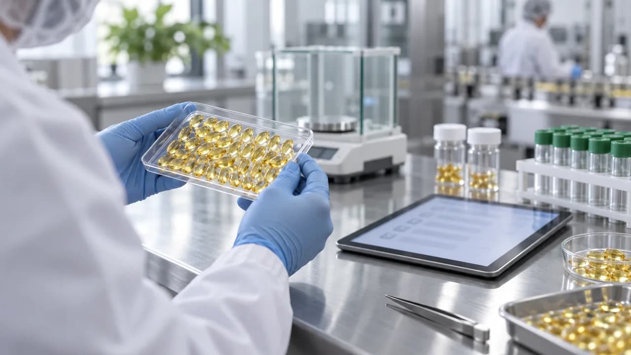 Quality control: inspecting a finished batch of capsules