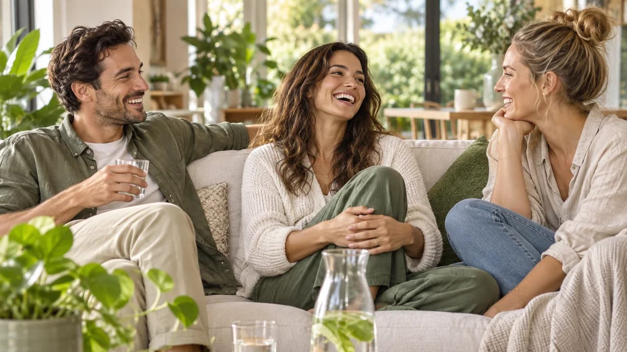 Friends relaxing together in a bright living room